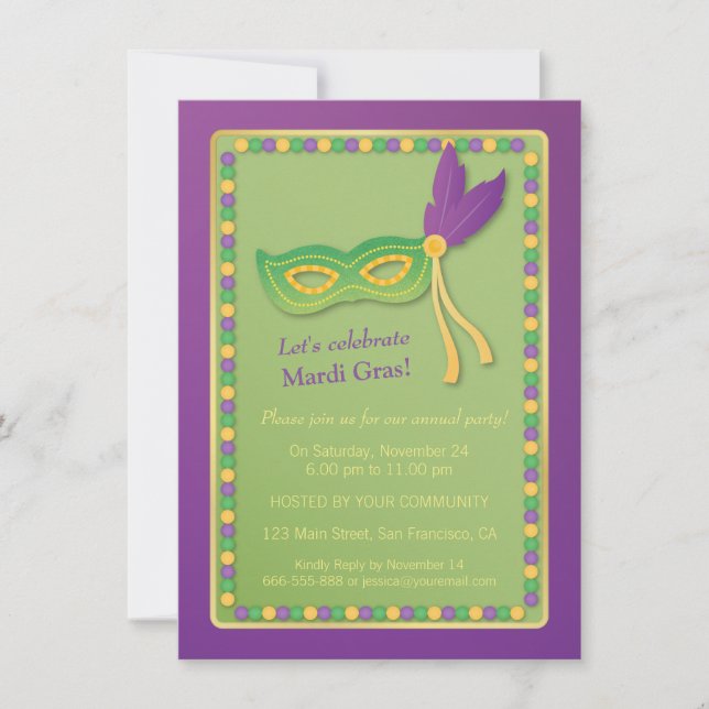 Máscara de Fiesta y Cuentas Invitaciones de Mardi  (Anverso)