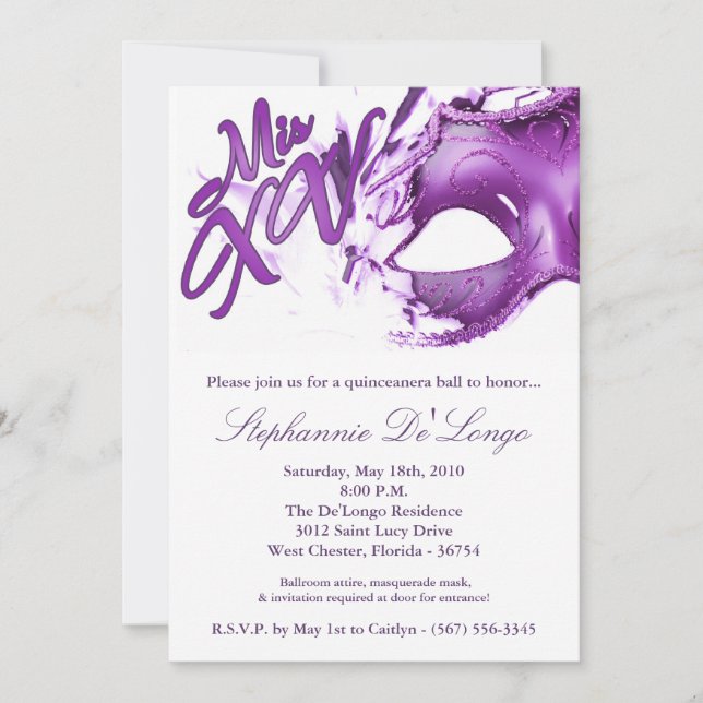 Máscara de Mascarada 15 Quinceanera Invitación a l (Anverso)
