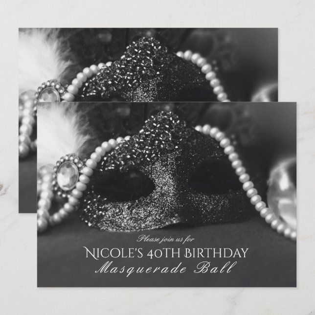 Máscara de mascarada negra y blanca e invitaciones (Anverso / Reverso)