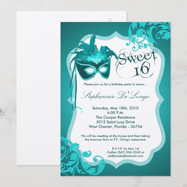 Máscara de Mascarada Verde azulada 5x7 Invitación  (Anverso / Reverso)