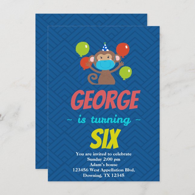 Máscara de mono infantil personalizada Invitación  (Anverso / Reverso)