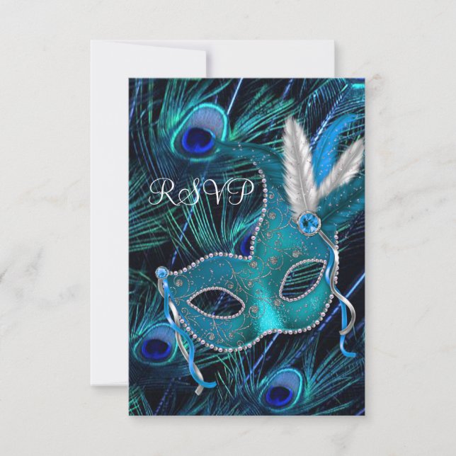 Máscara de pavo real azul turquesa, RSVP de fiesta (Anverso)