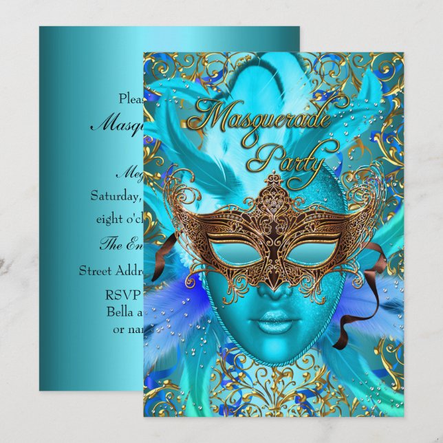 Máscara dorada de plumas turquesa Invitación a la  (Anverso / Reverso)