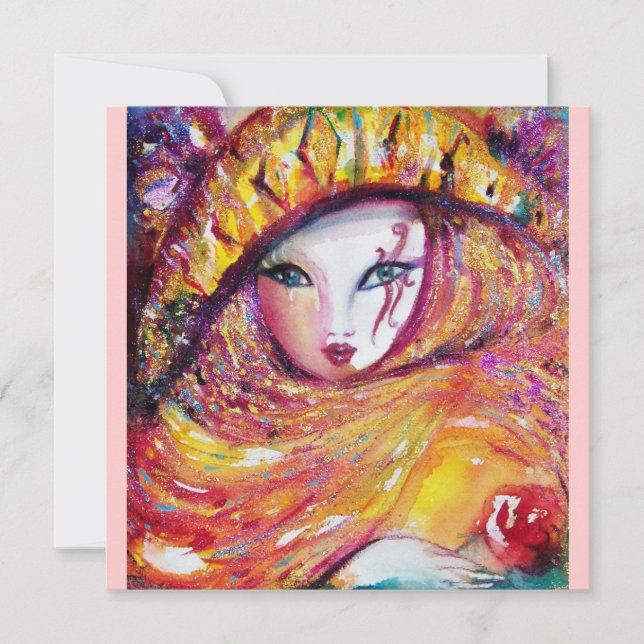 MÁSCARA EN AMARILLO, MARDI GRAS FIESTA rosa rojo p (Anverso)