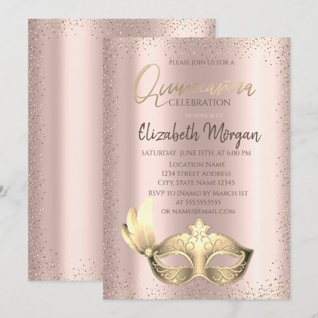 Máscara, Invitación de Quinceañera Rosa Dorado Con (Anverso / Reverso)