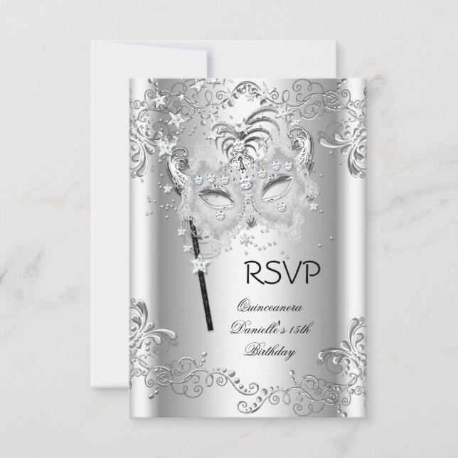 Mascarada de 15 Años de la Quinceanera Plata RSVP (Anverso)