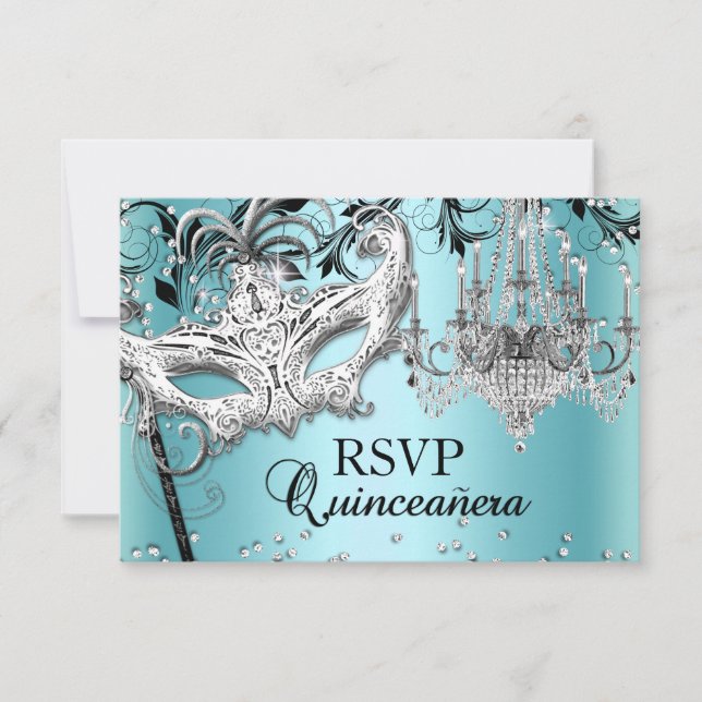 Mascarada de candelabro azul Quinceanera RSVP (Anverso)