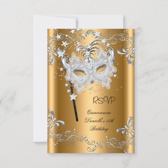 Mascarada de oro de 15 cumpleaños de RSVP Quincean (Anverso)