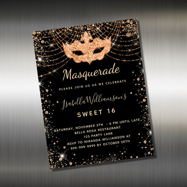 Mascarada oro negro Dulce 16 imán de invitación (Subido por el creador)