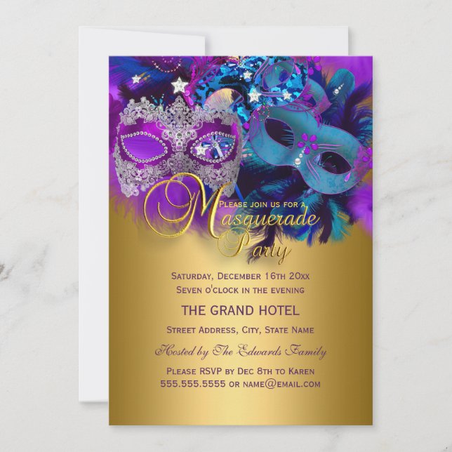 Máscaras Azules y Doradas Invitación a la Fiesta d (Anverso)