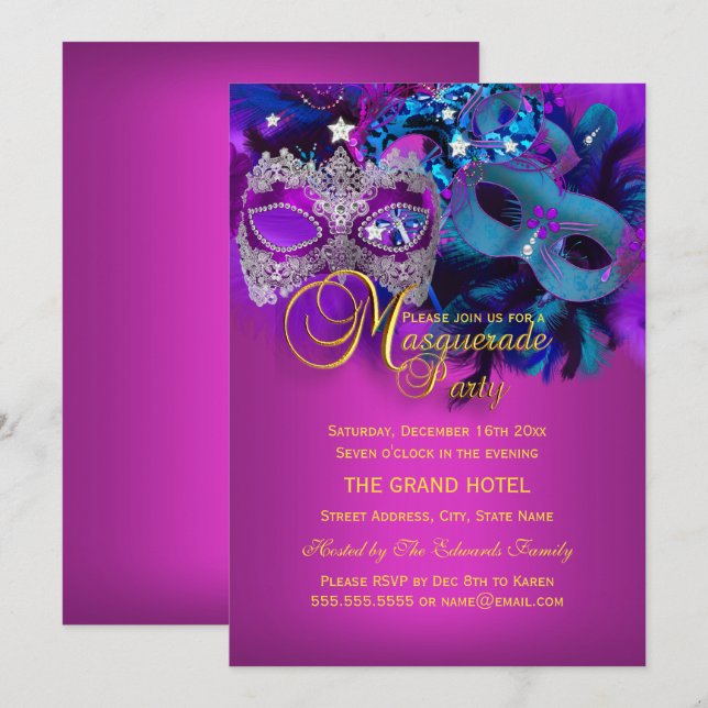 Máscaras Azules y Rosas Invitación a Fiesta de Dis (Anverso / Reverso)