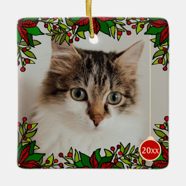 Mascota Cat Poinsettia Año Bola Ornamento de Navid (Anverso)