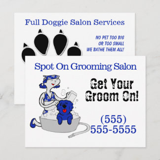 Mascota Groomer pone a tu hijo en una postal azul