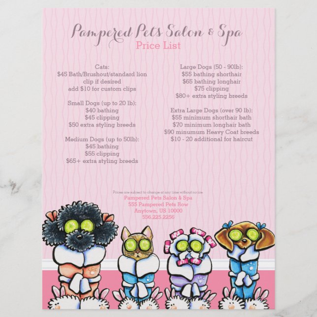 Mascota Groomer Spa Perros Cat Roba Hoja de Precio (Frente)