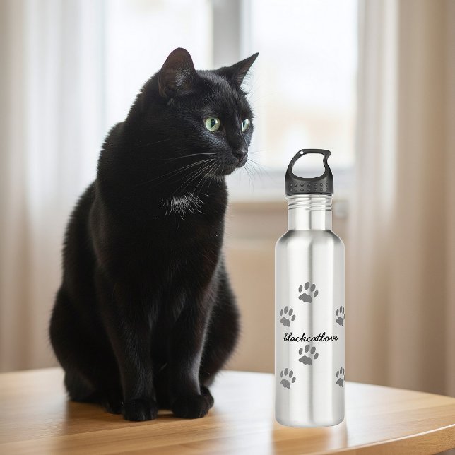 Mascota Papel Imprimir Botella de agua personaliza (Add your name to this paw print water bottle. Purrfect gift for the Cat Mom in your life)