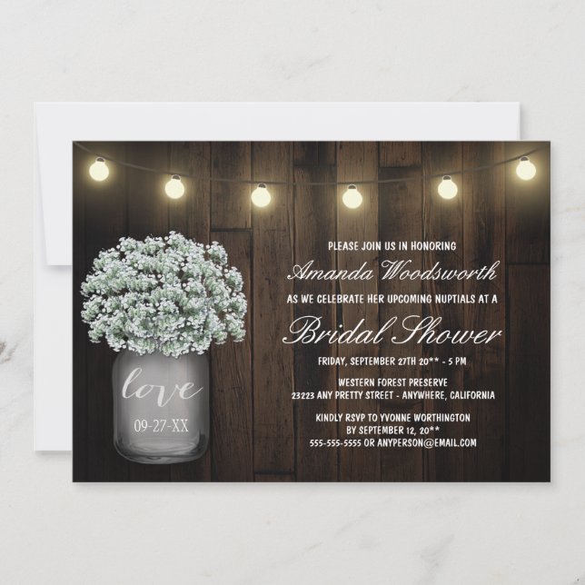 Mason Jar Babys Breath Bridal Shower Invitaciones (Anverso)