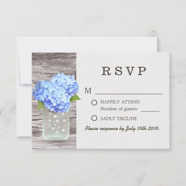 Mason Jar Blue Hydrangea Barn Wood Wedding RSVP (Anverso)