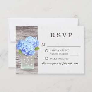 Mason Jar Blue Hydrangea Barn Wood Wedding RSVP