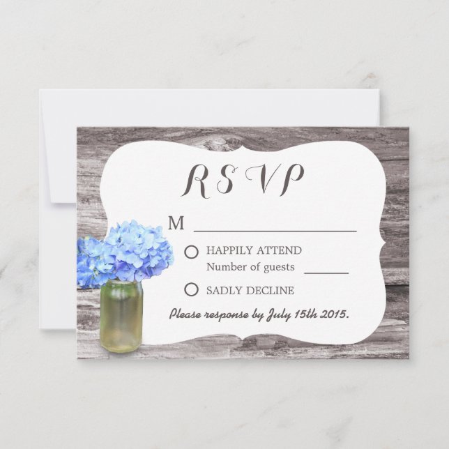 Mason Jar Blue Hydrangea Wood Wedding RSVP (Anverso)