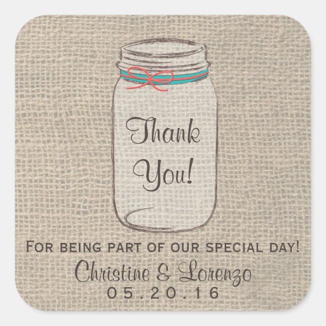 Mason Jar Burlap Boda ruso Pegatina (Anverso)