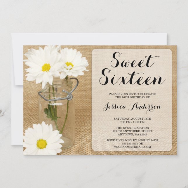 Mason Jar Burlap White Daisies Sweet 16 Invitación (Anverso)
