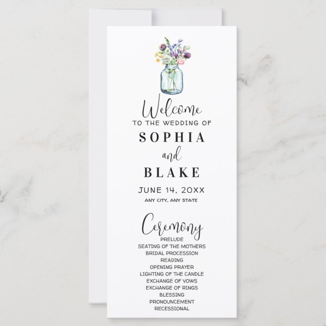 Mason Jar Con Programa De Bodas Blancas De Flores  (Anverso)