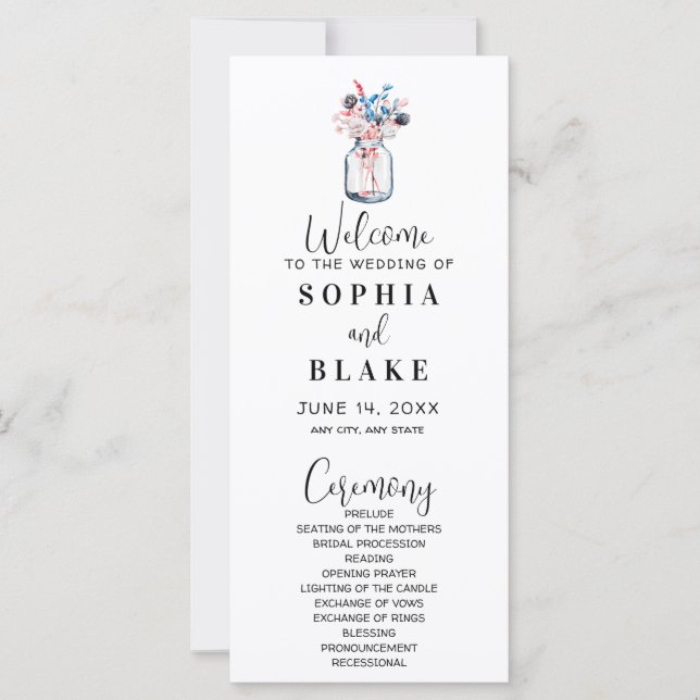 Mason Jar Con Programa De Bodas Blancas De Flores  (Anverso)