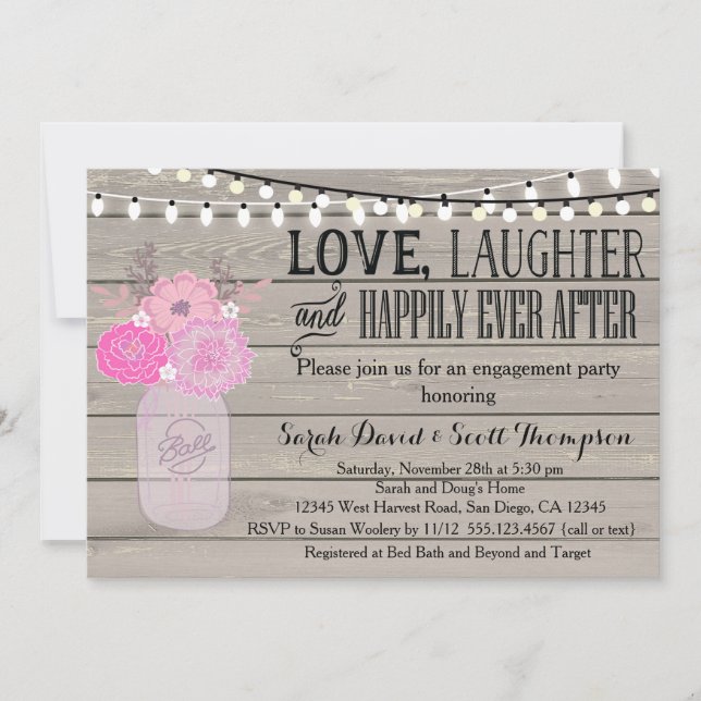 Mason Jar Floral Pink Engagment Part Invitación (Anverso)