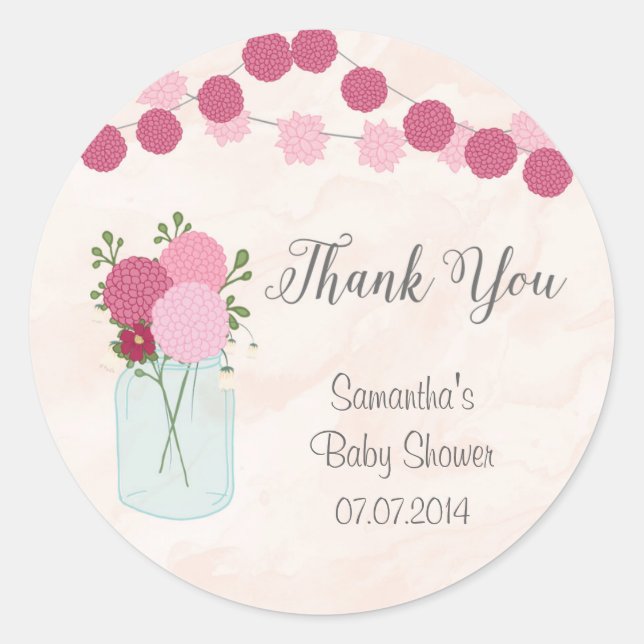 Mason Jar Flowers Pegatina de Baby Shower (Anverso)