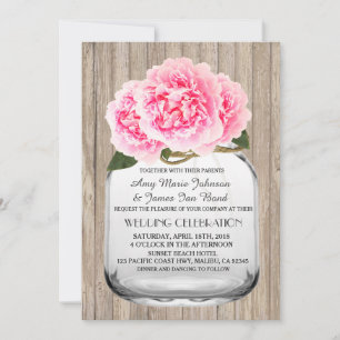 Mason jar peonía rosada invitaciones a bodas peony