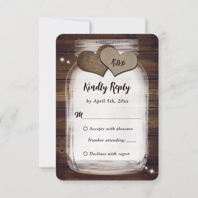 Mason Jar Rustic Country Burlap Heart Wedt RSVP (Anverso)