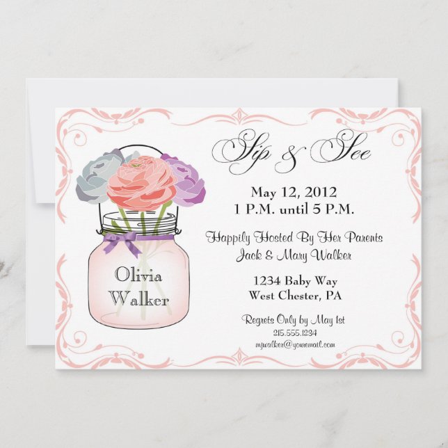 Mason Jar Sip y See Chica Invitación (Anverso)