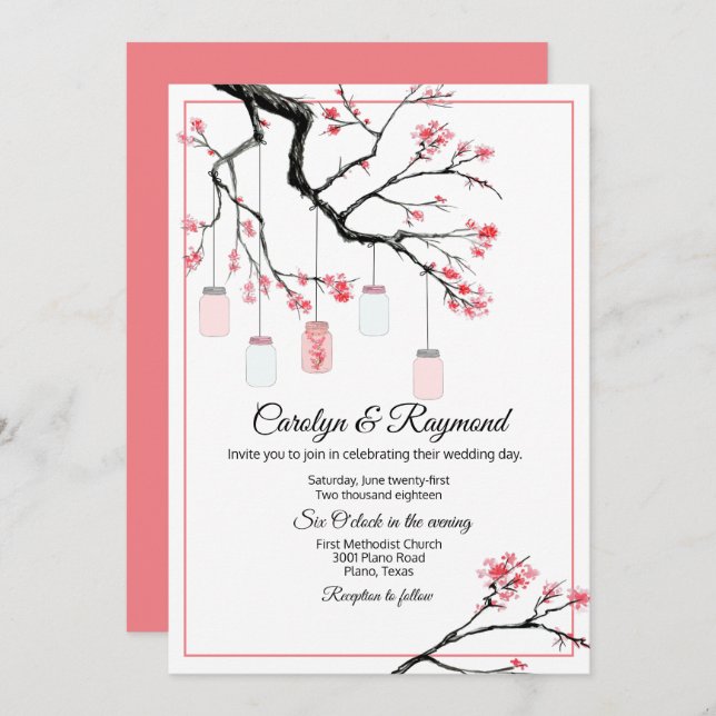 Mason Jar sobre la invitación a la boda de un árbo (Anverso / Reverso)