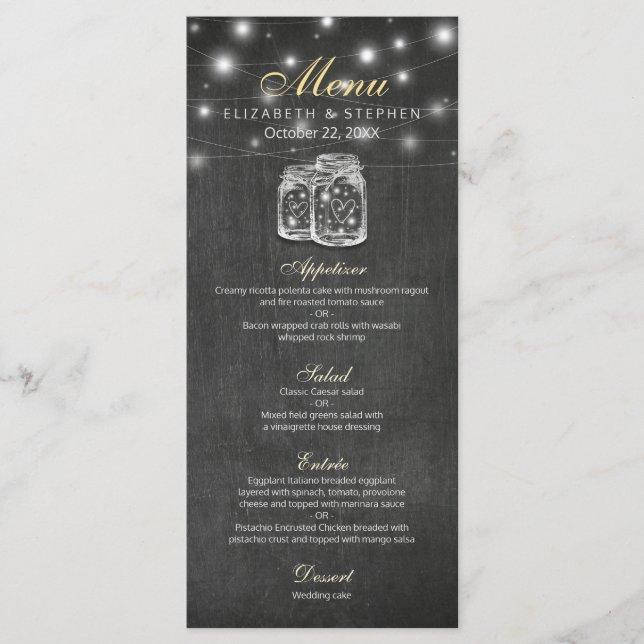 Mason Jar & String Lights Chalkboard Boda Menú (Anverso)