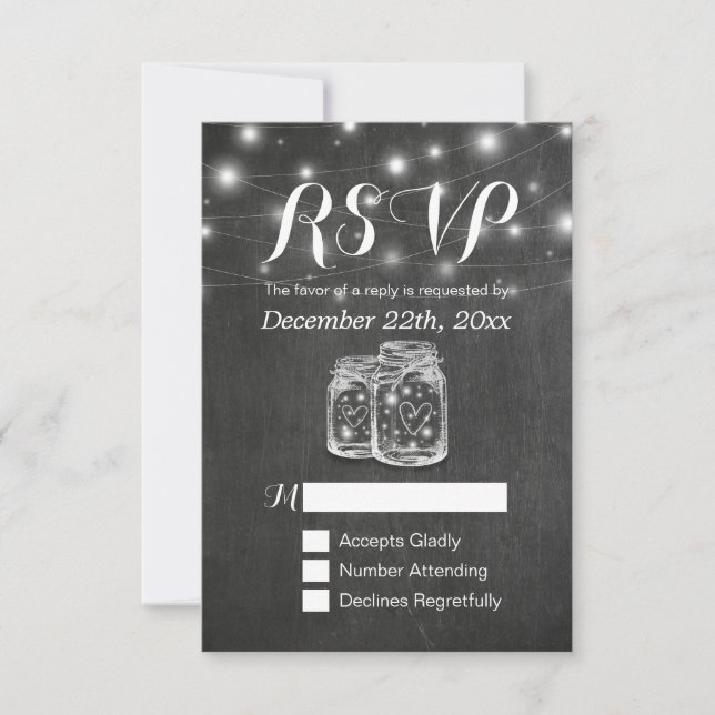 Mason Jar & String Lights Chalkboard Wedding RSVP (Anverso)
