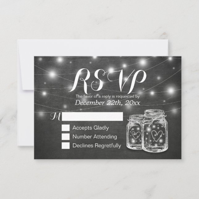 Mason Jar & String Lights Chalkboard Wedding RSVP (Anverso)
