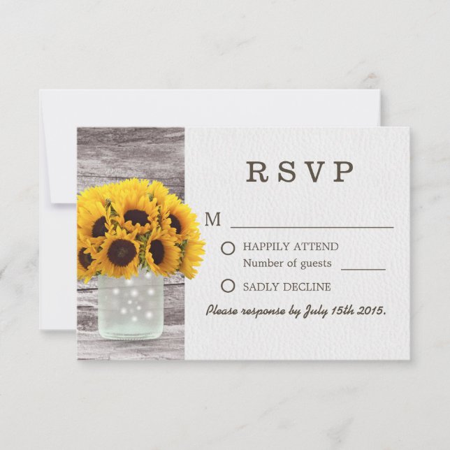 Mason Jar Sunflowers Barn Wood Wedding RSVP (Anverso)