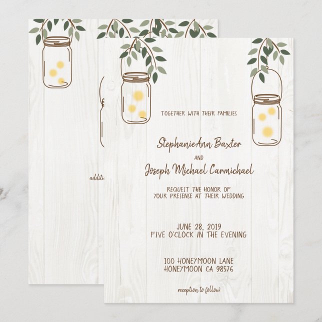 Mason Jar y Fireflies Invitaciones a una boda rúst (Anverso / Reverso)