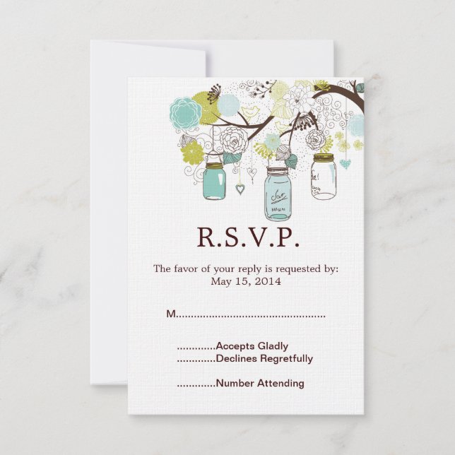 Mason Jars and Blue Green Flowers Wedding RSVP (Anverso)