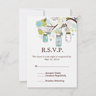 Mason Jars and Blue Green Flowers Wedding RSVP