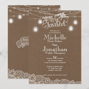 Mason Jars Lights Lace Rustic Wedding Invitación