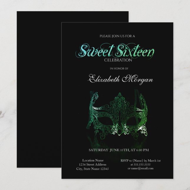 Masque verde simple dulce negro 16 invitación (Anverso / Reverso)