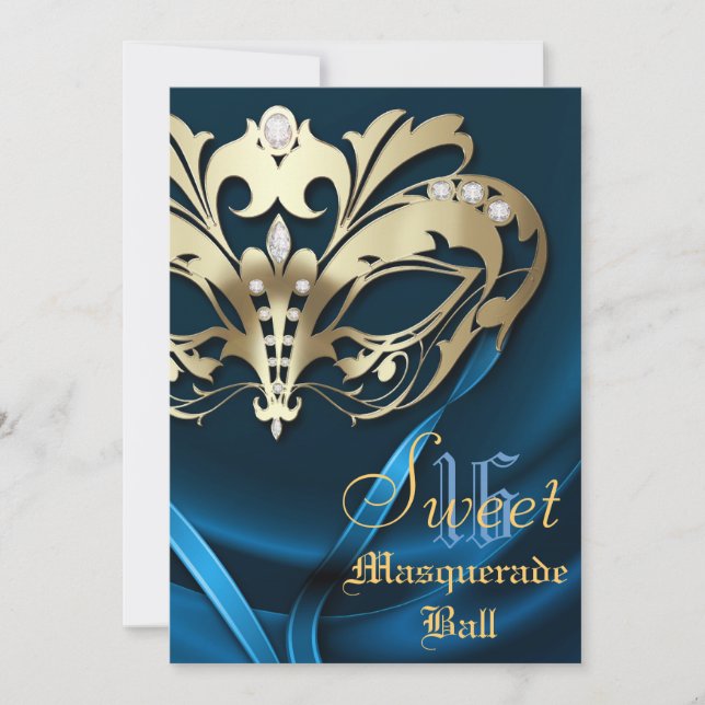 Masquerade Blue Jeweld Sweet 16 Invitación (Anverso)