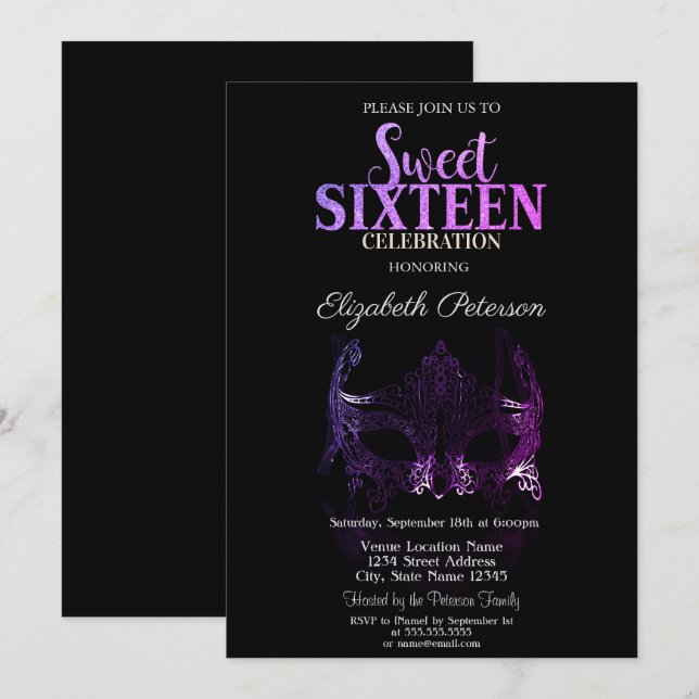 Masquerade, Máscara Morada Sweet 16 Invitación (Anverso / Reverso)