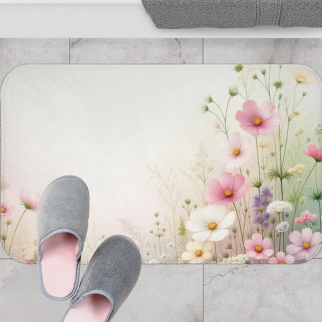 Mat de baño de flores silvestres, alfombra de baño (Watercolor floral bath mat with pink wildflowers on a soft pastel background, cottagecore style.)