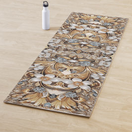Mat de yoga floral blanca dorada decorativa