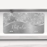 Matrícula Metálico personalizado del Purpurina de plata Glam<br><div class="desc">Personalice fácilmente esta placa de licencia metalizado y glamorosa con motivos purpurinas con su propio nombre personalizado.</div>