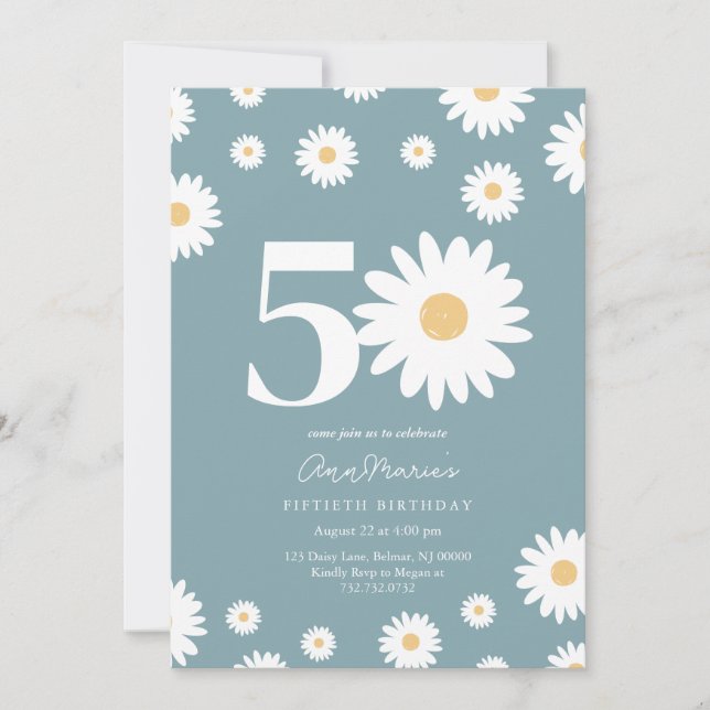 Matte Blue Daisy Invitación a los 50 Años (Anverso)