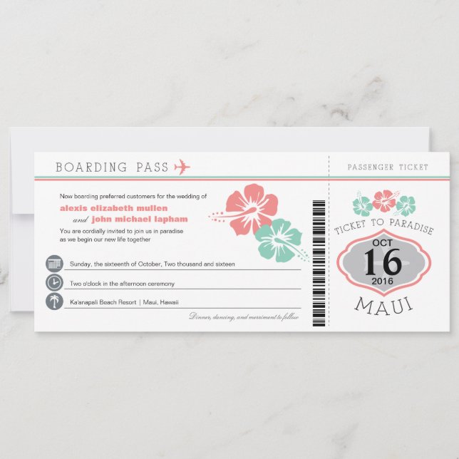 Maui Hawaii Hibiscus Boda de tarjetas de embarque (Anverso)