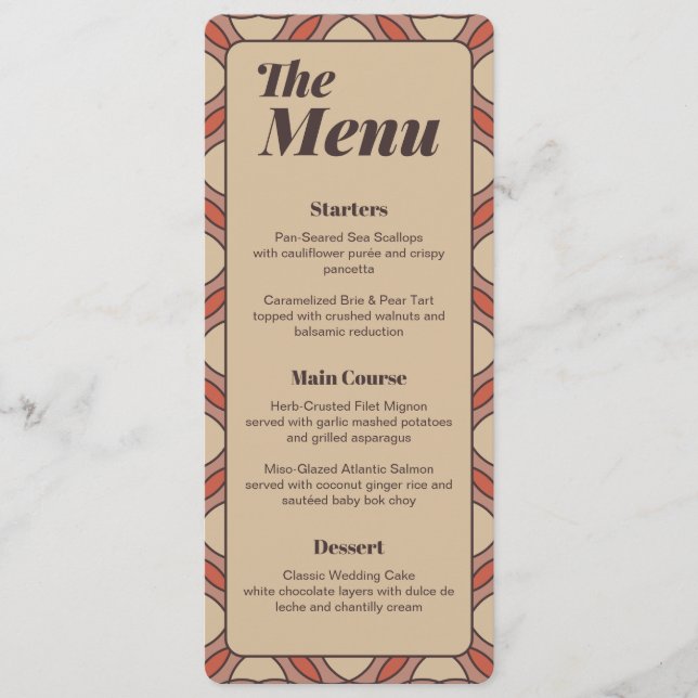 Mauve and Terracotta Art Deco Wedding Menu Card (Anverso)